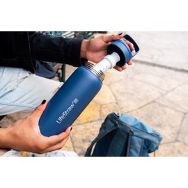 LifeStraw Go Series — Insulated Stainless Steel Water Filter Bottle for Travel and Everyday Use Removes Bacteria, Parasites and Microplastics, Improves Taste, 24oz Aegean Sea