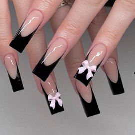 24 Pcs Black French Tip Press on Nails Long Square Bow Fake Nails with Designs Full Cover Glossy Glue on Nails Reusable Artificial Acrylic False Nails Coffin Nail Tips Stick on Nails for Women Girls