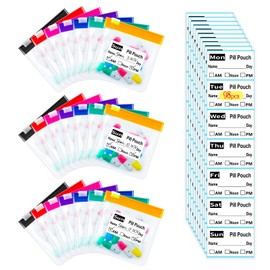 Reusable Travel Pill Organizer with 98 Labels - Leakproof Silicone Seal & Transparent Zippered Bags, Compact 3x3 Inch Medication Travel Case for Daily Pills, EVA Material, 7 Colors (21 PCS)