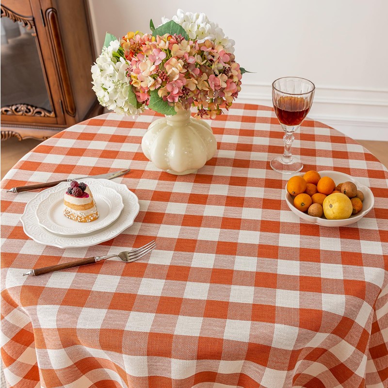 Round Fall Gingham Tablecloth 60 inch, Orange Cotton Linen Style