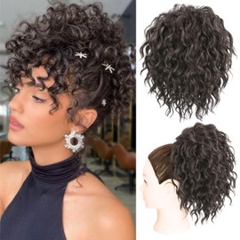 Adancyler Messy Bun Hair Piece Yaki Textured Sweet Loose Wavy Curly Hair Bun Short Drawstring Ponytail Extensions Hair Toppers Synthetic Hairpieces Pony Tails Hair Extensions for Women(Black Brown)