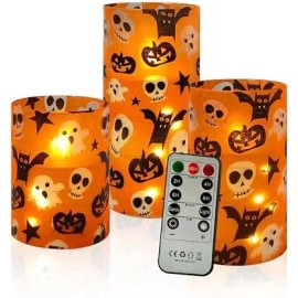 3 Pack Flameless LED Pillar Candles 11-Key Remote Timer Flickering Stars Stripes Print US Flag Embedded Star String Lightscolor: Halloween, size: High:6" x 3" ;Medium:5" x 3" ;Low:4" x 3"