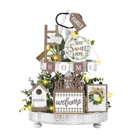 Auch Farmhouse Decor for Tiered Tray, Black White Buffalo Plaid Wooden Mini Sign Rustic Table Ornaments with String Lights Kitchen Decoration, Housewarming Gift (A)