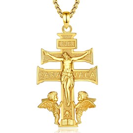 Exltoy Mens Cross Necklaces Gold - 18k Gold Plated cruz de caravaca Jesus Crucifix Necklace, Sterling Silver Pardon Crucifix Christian Religious Jewelry for Protection and Faith - 24" Chain Included,
