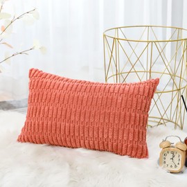 OTOSTAR Corduroy Decorative Throw Pillow Covers 12x20 Inch Super Soft Boho Striped Rectangle Pillow Covers Case Modern Cushion Covers for Sofa Couch Bedroom Car Decor Coral