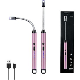 2 PCS Candle Lighter, Electric Lighter Arc Windproof Flameless with 360° Flexible Neck & LED Power Display,USB Rechargeable Lighter for BBQ, Grill, Camping, Fireplace, Stove(Pink)