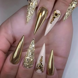 Gold Press on Nails Gold Glitter Fake Nails with Rhinestone Design Nude Glue on Nails Glossy Artificial Acrylic Nail Full Cover Stiletto Stick on Nails Long Almond False Nails for Women Manicure 24Pcs