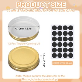 sourcing map 12 Pcs Mason Jar Lids, Colored Tinplate Canning Lids with Label for Regular Mouth Mason Jar for Fermenting Pickling Meal Prep Freezing, Preserving, Golden(70mm)