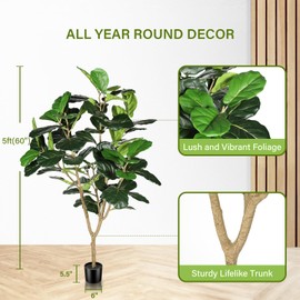 FEELEAD Faux Fiddle Leaf Fig Tree - 5ft Artificial Ficus Lyrata Plants Indoor with Greenery Leaves and Stems - Fake Fig Leaf Tree for Housewarming Home Office Decor