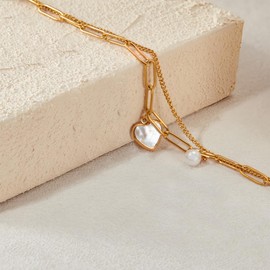 KROSS KULTURE Gold Bracelet for Women 18 K Plated Double Layered – Dainty Thin Chain with Heart Charm & Shell Pearl, Hypoallergenic, Waterproof, Elegant Jewelry Gift for Mom, Anniversary, Birthday, Wedding