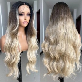 Brown Blonde Ombre Wig HD Front Lace Human Hair Blend Highlights  Long Straight