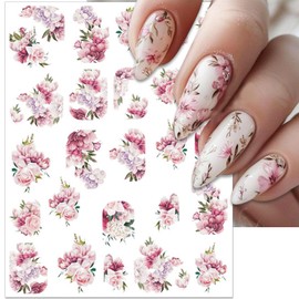 IDDFEVE Peony Flower Nail Art Stickers - Pink Floral Leaf Self-Adhesive 3D Nail Decals for DIY Spring Summer Manicure (6 Sheets)
