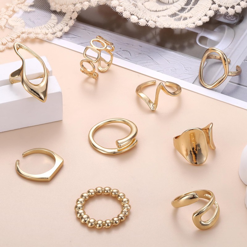 LOLIAS 9 Pcs Gold Chunky Rings for Women 18K Gold