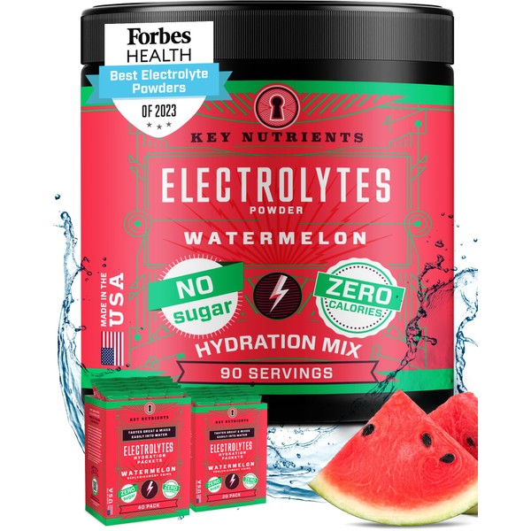 KEY NUTRIENTS Electrolytes Powder No Sugar - Refreshing Watermelon Electrolyte Drink Mix - Hydration Powder - No Calories, Gluten Free - Powder and Packets (20, 40 or 90 Servings)