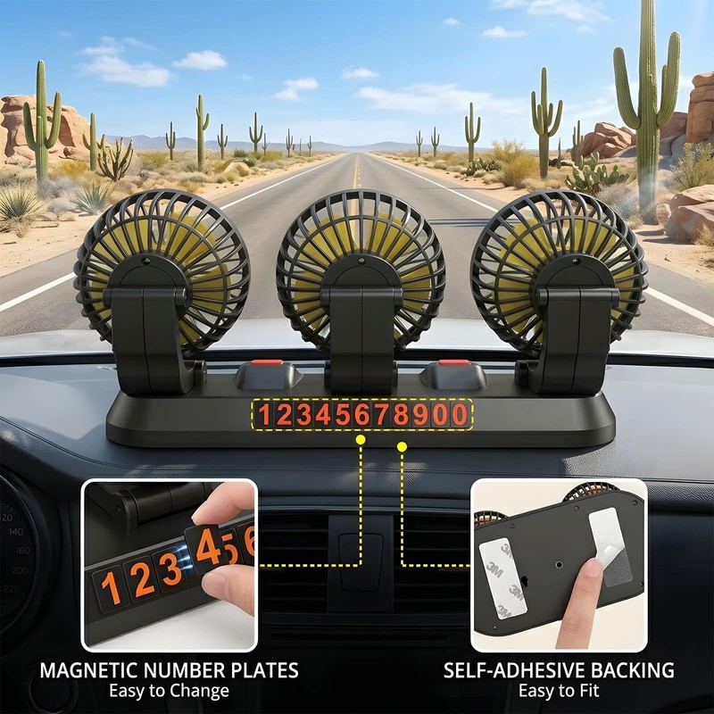 Glatiaofy 12V Car Cooling Three-Head Fan, 360° Rotation, 2-Speed Adjustable,