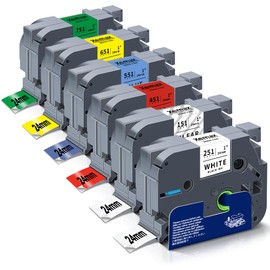 6 x XemaX Compatible Label Tape for Brother P-touch Tapes TZe-251 TZe-151 TZe-451 TZe-551 TZe-651 TZe-751 TZe 24 mm for Brother PT-2480 P700 H500 D600 E500 P750W, White Transparent Red Yellow Blue