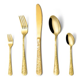 20-Piece Vintage Carved Gold Silverware Set, 18/10 Stainless Steel Flatware Set for 4, LaienLife Mirror Polished Modern Gold Utensils, Including Forks Spoons Knife for Home & Kitchen, Dishwasher Safe