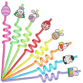 Ynaice Easter Decorations Plastic Straws,8PCS Easter Bunny Egg Decor Resuable Drinking Straws Cute Animal Curly Hard Party Birthday Straws for Kids Boys Girls