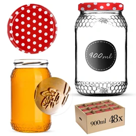 KADAX Honey Jars 900 ml Preserving Jars with fi82 mm Screw Lid Jars for Honey Jam Jars Screw Jars Preserving Jars (Red Polka Dots, Pack of 48)