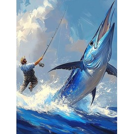 HLYSKXKBEC Fishing Diamond Painting Kits for Adults Beginners, Sea Fishing Tuna DIY Diamond Art Paint with Round Diamonds Full Drill Art Painting Kit for Home Wall Decor Gifts 12x16inch