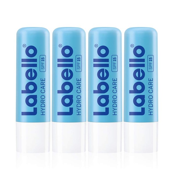 Labello Hydro Care in 4-pack (4 x 4.8 g), lip care without mineral oils for dry lips, lip balm with SPF 15 and shea butter for nourishing lip protection