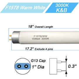 18 inch F15T8/WW Fluorescent Light Bulb 15watt F15T8-KB Warm White Replacement Tube,3000K Soft White T8 Linear Lamp for Kitchen and Bath