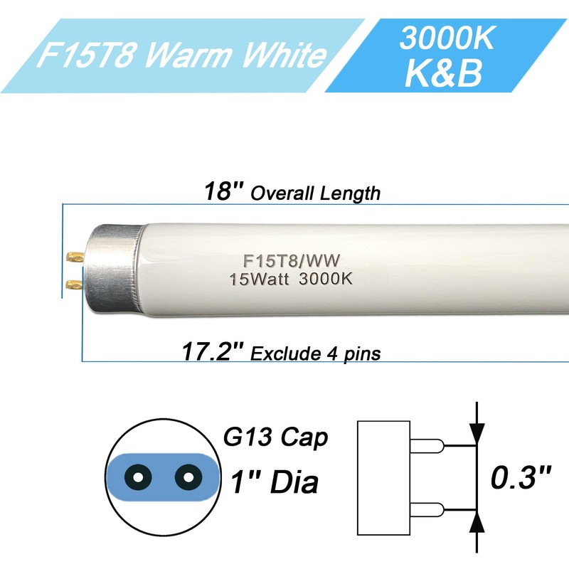 18 inch F15T8/WW Fluorescent Light Bulb 15watt F15T8-KB Warm White