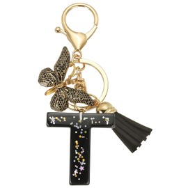 [PATIKIL] Alphabet Initial Letter Key Chain Tassel Butterfly Letter T Pendant Decoration Resin Cute Key Chain for Women Key Purse Handbag Bag Accessories Black, Black