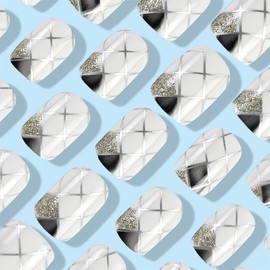 White Press on Nails Short Square Fake Nails Silver False Nails with Design Stripe Check Glue on Nails Glitter Stick on Nails Full Cover Acrylic Nails Glossy Artificial Nails for Women Manicure 24pcs