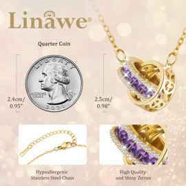 Linawe Amethyst Purple Interlocking Double Circle Pendant Necklace for Women, Gold Hypoallergenic Stainless Steel Chain Necklaces, Crystal Rhinestone Birthstone Imitation Diamond Jewelry