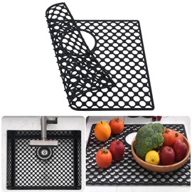 Brovy Black Silicone Sink Mats,18.6''x 15.6'' Kitchen Sink Mats for Bottom of Stainless Steel Porcelain Sinks, Heat Resistant Non-slip Foldable Silicone Sinks Protector Mat with Rear Drain
