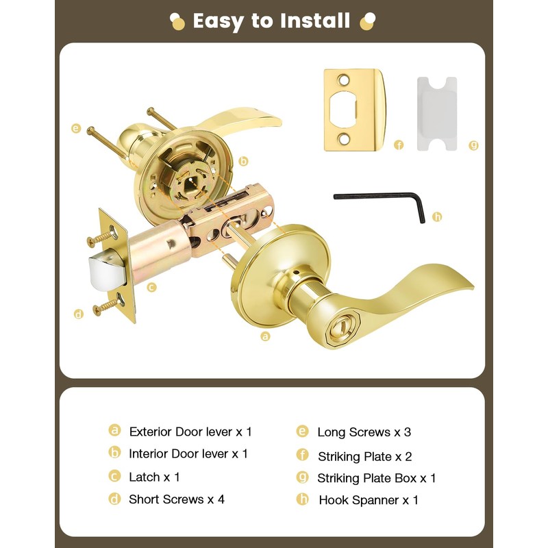 Gobrico--Polished Brass Door Handles Keyless Bedroom Bathroom Door Levers Drop/Wave