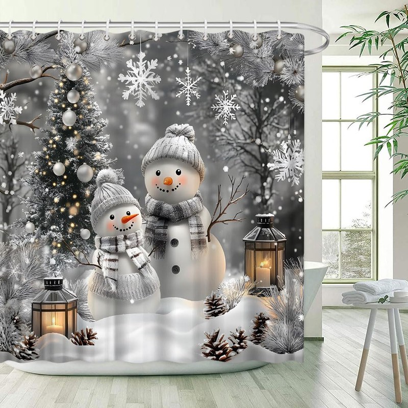JONSEQIN Merry Christmas Snowman Shower Curtain, Grey, 70x70 inch