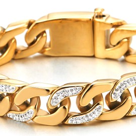 COOLSTEELANDBEYOND Men’s Stainless Steel Gold Color Curb Chain Bracelet High Polished with Cubic Zirconia