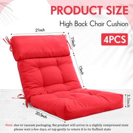 Barydat 4 Pack High Back Chair Cushion Indoor Outdoor Tufted Seat and Back Chair Rocking Pads Lounge Porch Seat Cushion with Ties for Patio Furniture, 43.4 x 21 x 3.3 Inch(Red)