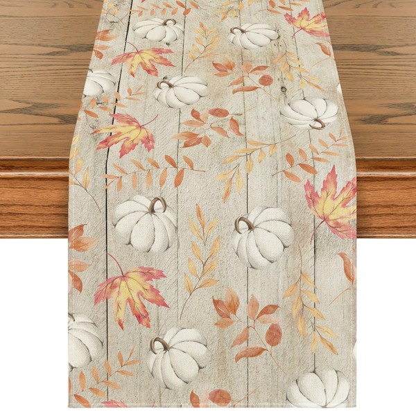 Artoid Mode Pumpkins Maple Leaves Beige Wood Fall Table Runner,