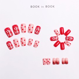 Christmas Press on Nails Long Coffin Red Xmas Fake Nails, Glitter Heart OH Acrylic Nails, Sweet Red Glossy False Nails Kits Winter Stick Glue on Nails Tip 24 Pcs