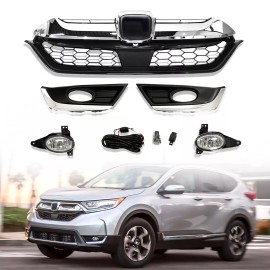 Fit For 2017 2018 Honda CR-V Front Bumper Upper Honeycomb Grille + Fog Lights