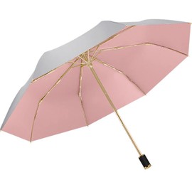 Meichoon UPF 50+ UV Protection Travel Reverse Umbrella Reflective Silver Double Layer Cover 8 Ribs Reinforced Windproof Sun Blocking Foldable Compact for Hiking Backpacking Pink