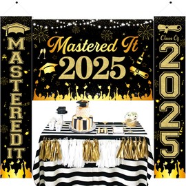 JOYMEMO Black and Gold Masters Graduation Decorations 2025, Mastered It 2025 Backdrop with Class of 2025 Mastered It Porch Banner, Masters Degree Graduation Party Supplies for Her Him Indoor Outdoor