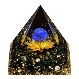 KYEYGWO Lapis Lazuli Positive Energy Pyramid Gemstone with Lotus Flower, Reiki Healing Crystal Ball Pyramid Chakra Crystal Pyramid Obsidian Ornament for Home Decoration Meditation