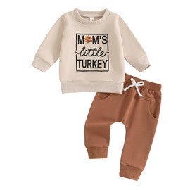 DNOMAID YZARC Toddler Baby Boy Thanksgiving Outfit Letter Turkey Print Long Sleeve Sweatshirt Jogger Pants Set Fall Clothes (Ivory, 2-3T)