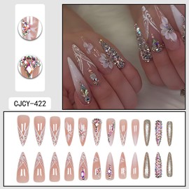 CJDLTS French Tip Press on Nails Long Length Rhinestones False Nail Flower Glitter Powder Stripes Design Full Cover Artificial Almond Stick on Nails Nude Acrylic Glue on Nail for Women Manicure 24Pcs