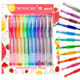 sunacme Fruity Scented Gel Ink Pens, 12 Assorted Colorful Gel Pens for Drawing, Writing, Coloring at School & Home