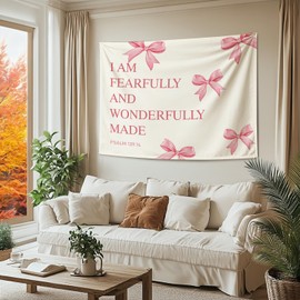 QROZIAR Coquette Pink Bows Tapestry for Bedroom, Bible Verse Wall Decor Christian Tapestry Wall Hanging, Girly Christian Gifts for Women, Psalm 139 Scripture Tapestry for Home Dorm, 50x60 inches