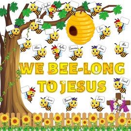 gisgfim Bee Bulletin Board Decoration Set Bee Jesus Religious Borders Cutouts for Classroom Door Christian Sunday School Sunnmer Welcome Bulletin Board Craft Home Wall (We Bee-Long to Jesus)