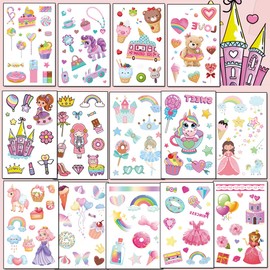 Tazimi 110Pcs Glitter Temporary Tattoos for Girls,Glitter Princess Castle Rainbow Temporary Tattoos for Birthday Party Favors Princess Party Supplies Gift Reward