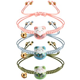 3 Pieces Cat Maneki Neko Bracelet Cute Lucky Cat Ceramic Beads Bracelets Feng Shui Lucky Bracelet Japanese Fortune String Bracelet with Bell, Adjustable (Green, Blue, Pink)