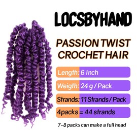 LOCSBYHAND 6 Inch Short Pre-looped/twisted Passion Twist Crochet Hair 4 Packs for Mixed-color Using (4 Packs, Purple)