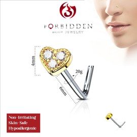 Forbidden Body Jewelry 20g Surgical Steel Tri-CZ Crystal Heart Top L-Shaped Nose Stud (Choose Color), Metal, cubic-zirconia